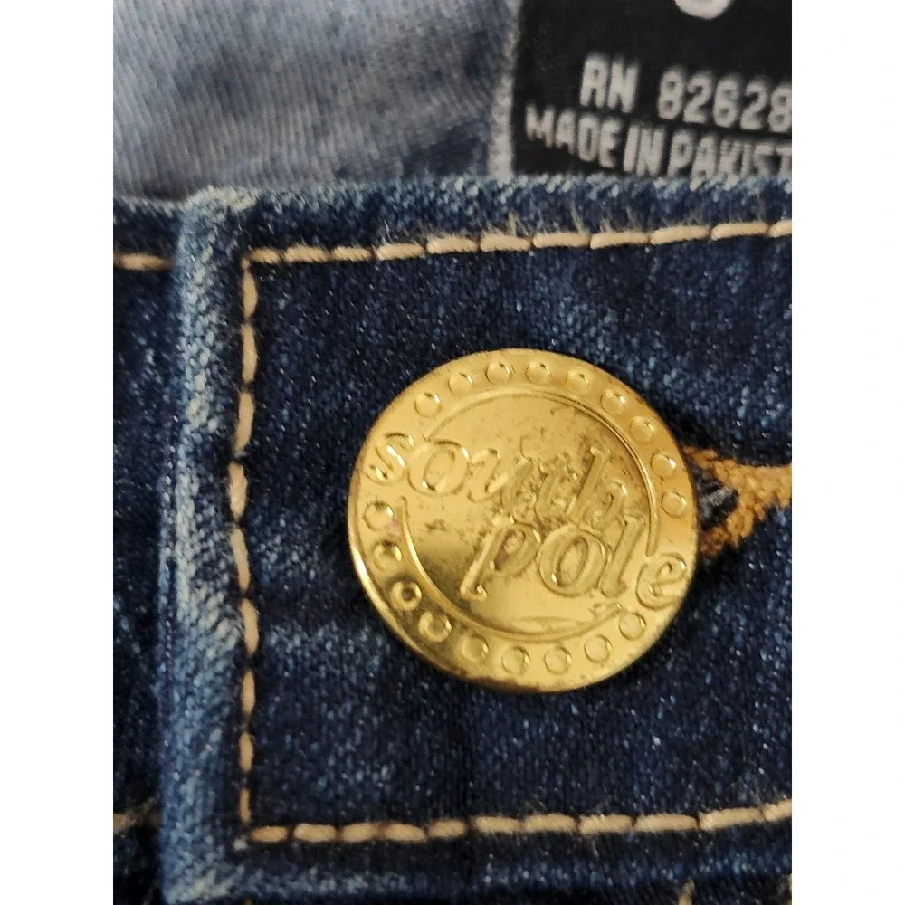 Southpole Y2K Womens Flare Jeans Dark Wash Gold Embroidered Streetwear Size 9